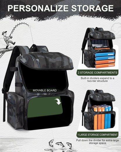 BAVGRED Fishing Backpack, Large Water Resistant Tackle Bag Storage Fishing Gear and Equipment, Built-in Cooler Compartment Grey