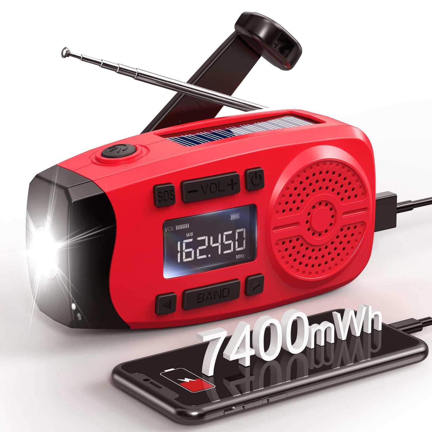 Runningsnail Emergency Weather Radio, 7400mWh Hand Crank Emergency Radio with LCD Display, Support Weather Alert Radio, USB/Solar/Hand Crank, 1W Flashlight & SOS Alarm for Outdoor & Home Emergency