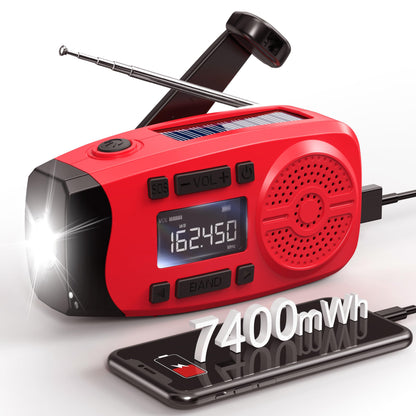 Runningsnail Emergency Weather Radio, 7400mWh Hand Crank Emergency Radio with LCD Display, Support Weather Alert Radio, USB/Solar/Hand Crank, 1W Flashlight & SOS Alarm for Outdoor & Home Emergency