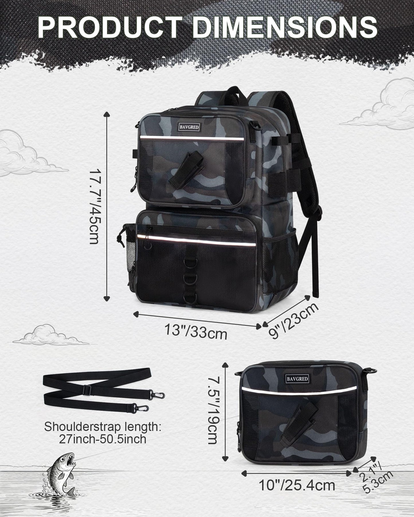 BAVGRED Fishing Backpack with Removable Bait Binder, Large Water Resistant Tackle Bag Storage Gear and Equipment for Fishing, Camping, Hiking, Grey