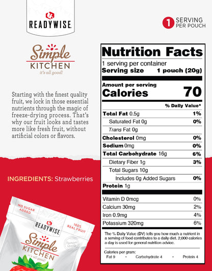 READYWISE - Simple Kitchen, Freeze-Dried Peaches, 1.16 oz, Pack of 6, Vegetarian, Gluten Free, Snacks, Peaches, Dried Fruit, Pre Workout, Healthy Snacks, Camping, Backpacking, Survival Food