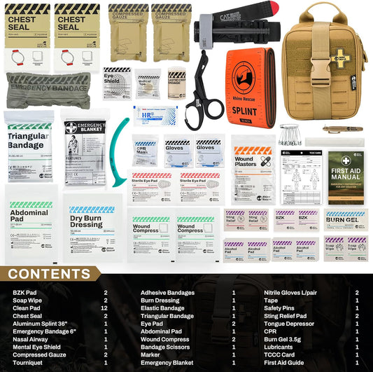 RHINO RESCUE Bundle- Non-Vented Chest Seal, IFAK Emergency Trauma Dressing+IFAK Trauma Kit, Tactical First Aid Kit Molle Pouch for Military， Coyote Brown