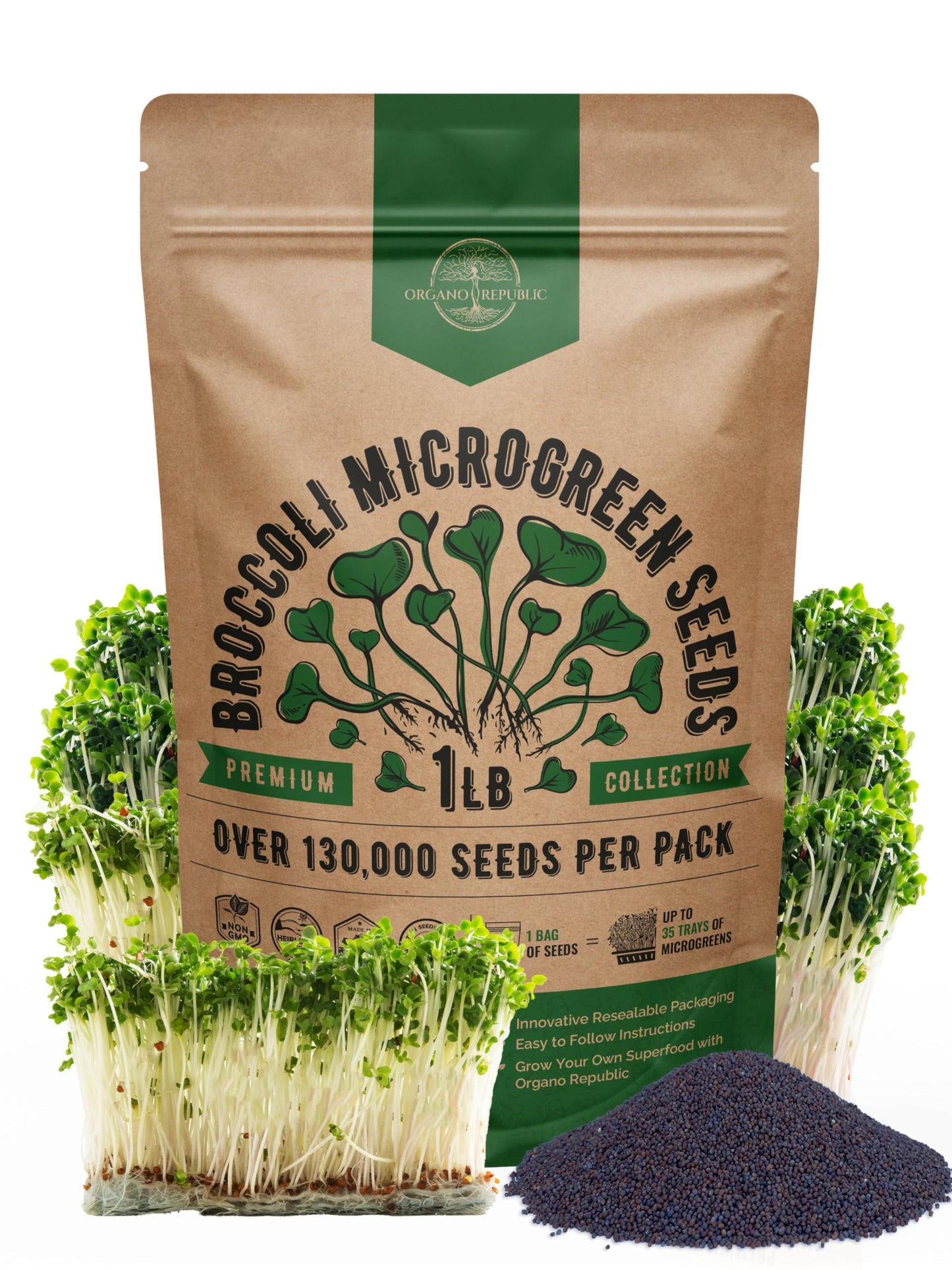 Organo Republic Broccoli Sprouting & Microgreens Seeds - Non-GMO, Heirloom Sprout Seeds Kit, 1lb Resealable Bag for & Growing Microgreens in Soil, Coconut Coir, Aerogarden & Hydroponic