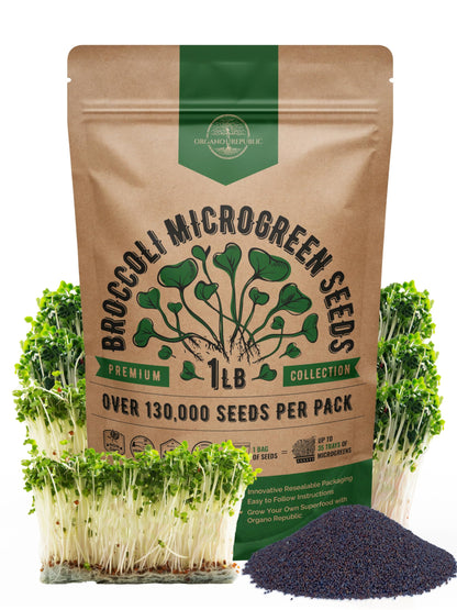 Organo Republic Broccoli Sprouting & Microgreens Seeds - Non-GMO, Heirloom Sprout Seeds Kit, 1lb Resealable Bag for & Growing Microgreens in Soil, Coconut Coir, Aerogarden & Hydroponic