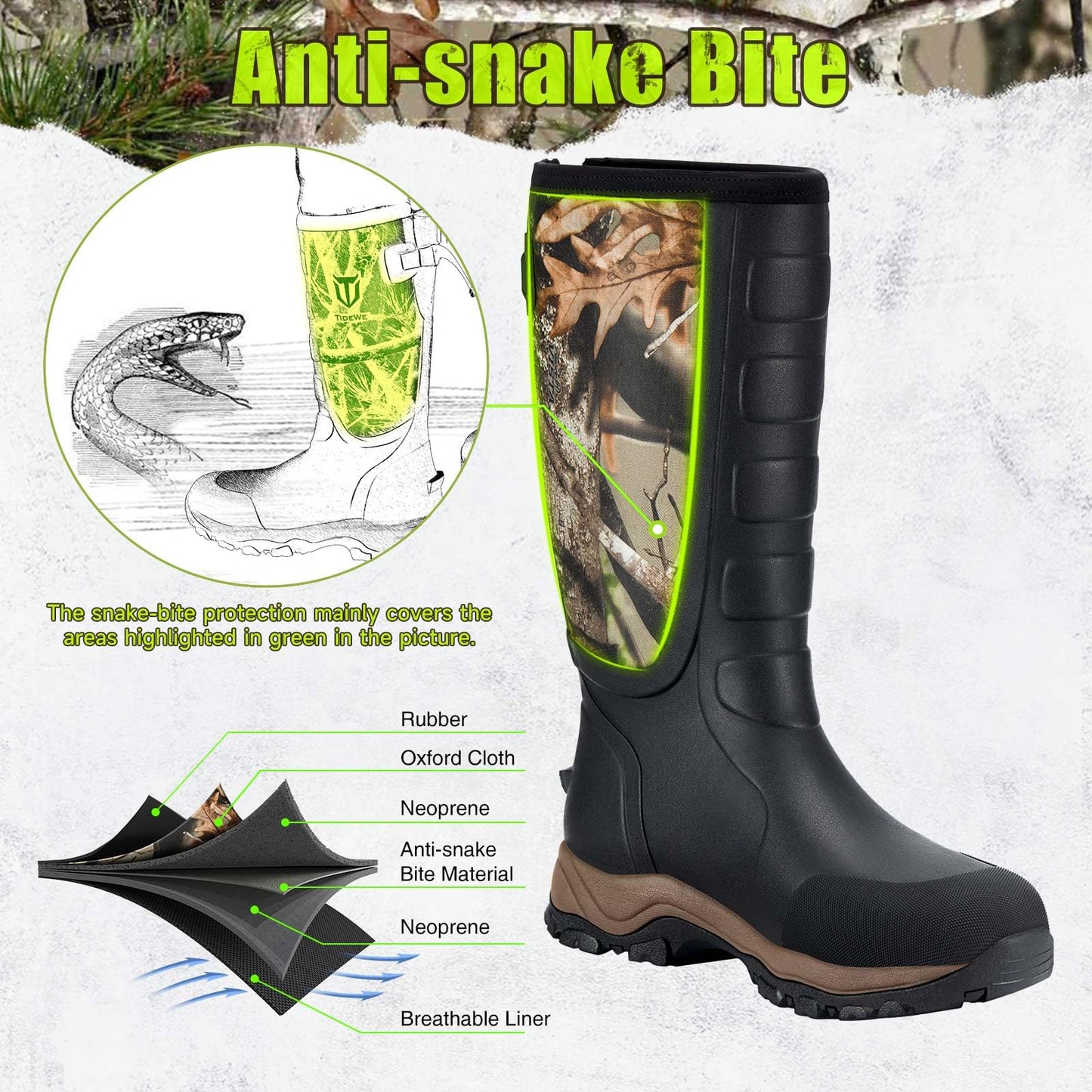 TIDEWE Hunting Boots Snake Proof for Men, Waterproof Insulated Warm Rubber With Steel Shank, 5mm Neoprene Lightweight Outdoor, Sturdy Work for Farming Gardening