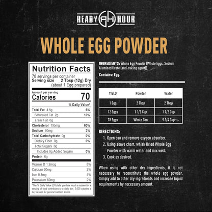 Ready Hour Whole Egg Powder #10 Can (78 Servings), Powdered, Freeze-Dried Eggs, Emergency, Emergency Scrambled, 10-Year Shelf Life, Non-Perishable, Long-Term Storage Food