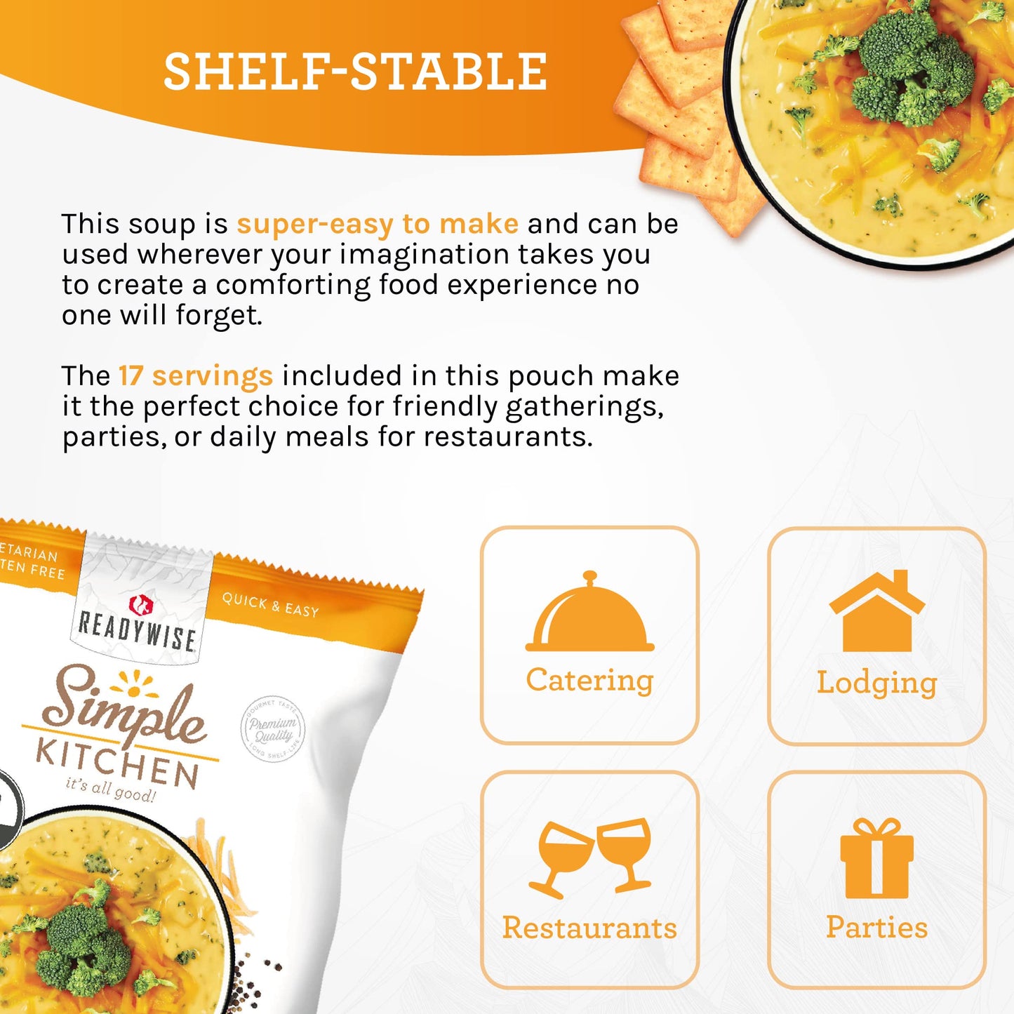 READYWISE - Simple Kitchen, Tomato Basil Soup, 17 Servings, MRE, Gluten Free, & Vegetarian, Food, Soup Mix, for Events, Hiking, Emergency Food Supply, Camping Essentials, or Daily Use, 1 Pack