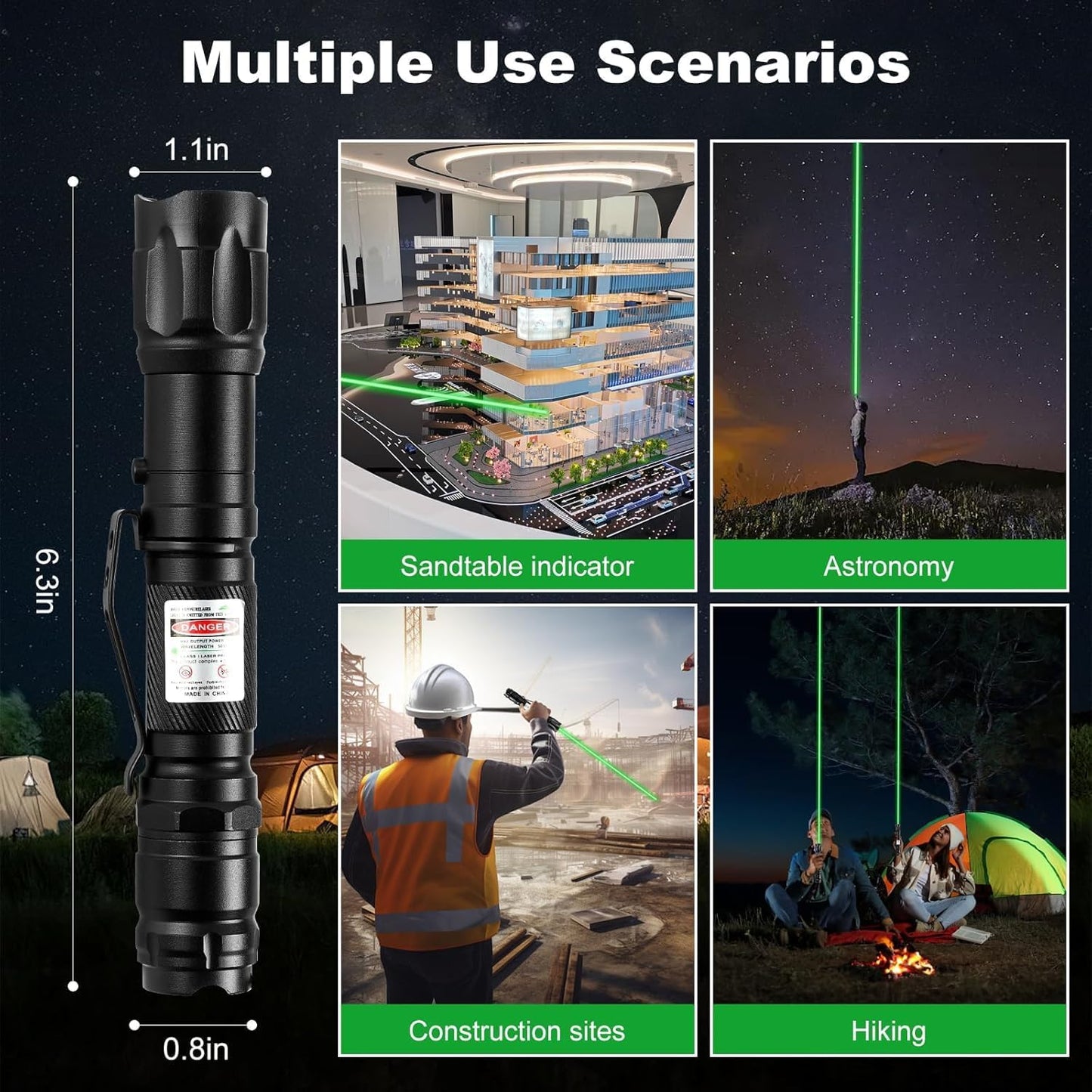 Damflew Green Laser Pointer High Power - Long Range Rechargeable Laser Beam, USB-A Charging for Hiking, Presentations & Outdoor Use (Professional-Grade Green Light)