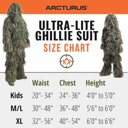 Arcturus Ultra-Lite Kids Ghillie Suit | Includes 3-Color Camo Face Paint| Halloween Costume - Army | Sniper | Bush Costume | Hunting & Airsoft for Children