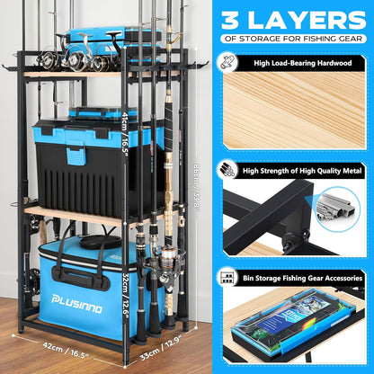PLUSINNO 3 Tier Fishing Rod Holder, Fishing Pole Holders for Garage, Fishing Rod Rack Fishing Rod Storage Up to 8 Rods, Fishing Gear Tackle Box Fishing Equipment Organizers, Fishing Gifts for Men