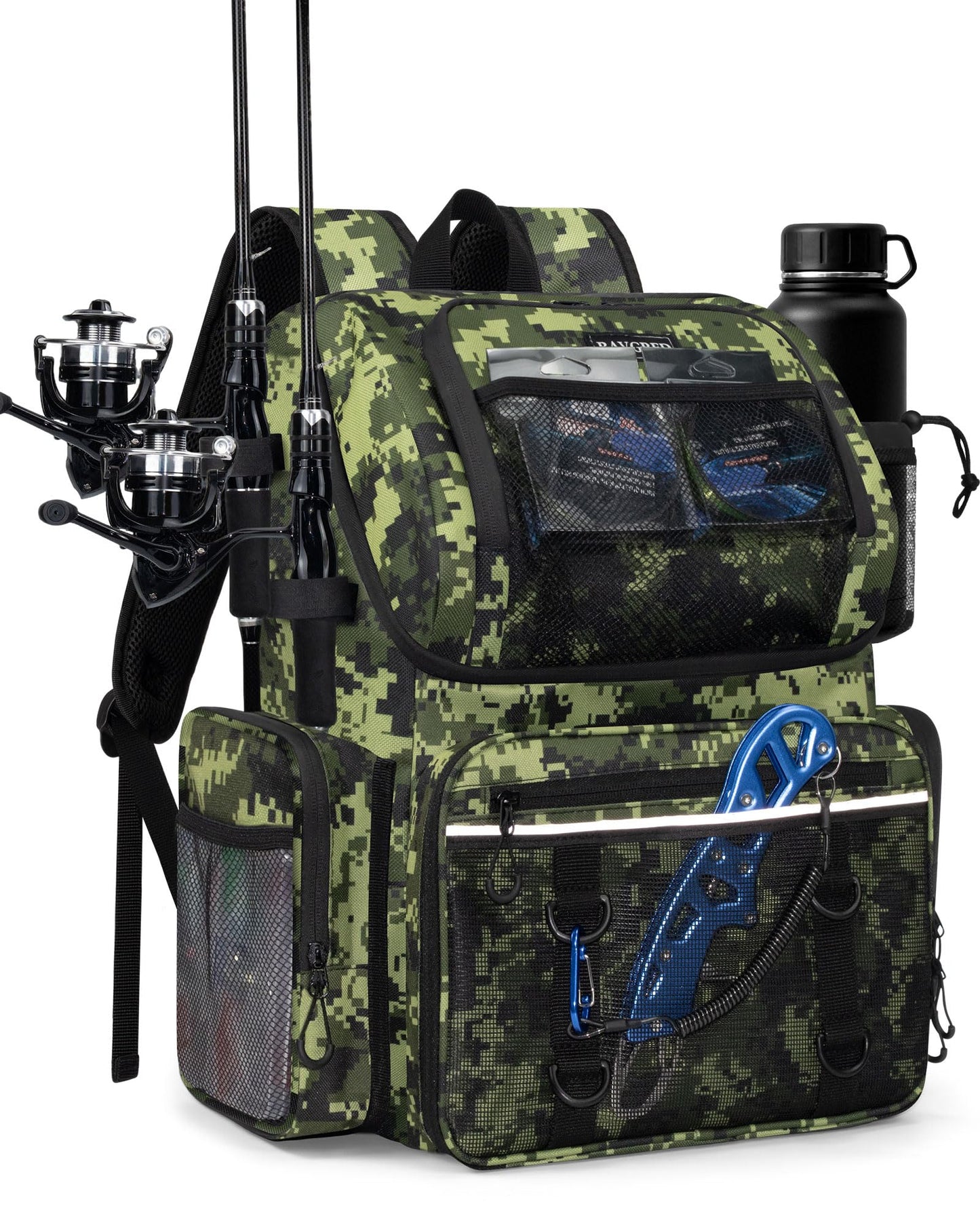 BAVGRED Fishing Backpack, Large Water Resistant Tackle Bag Storage Fishing Gear and Equipment, Built-in Cooler Compartment Grey