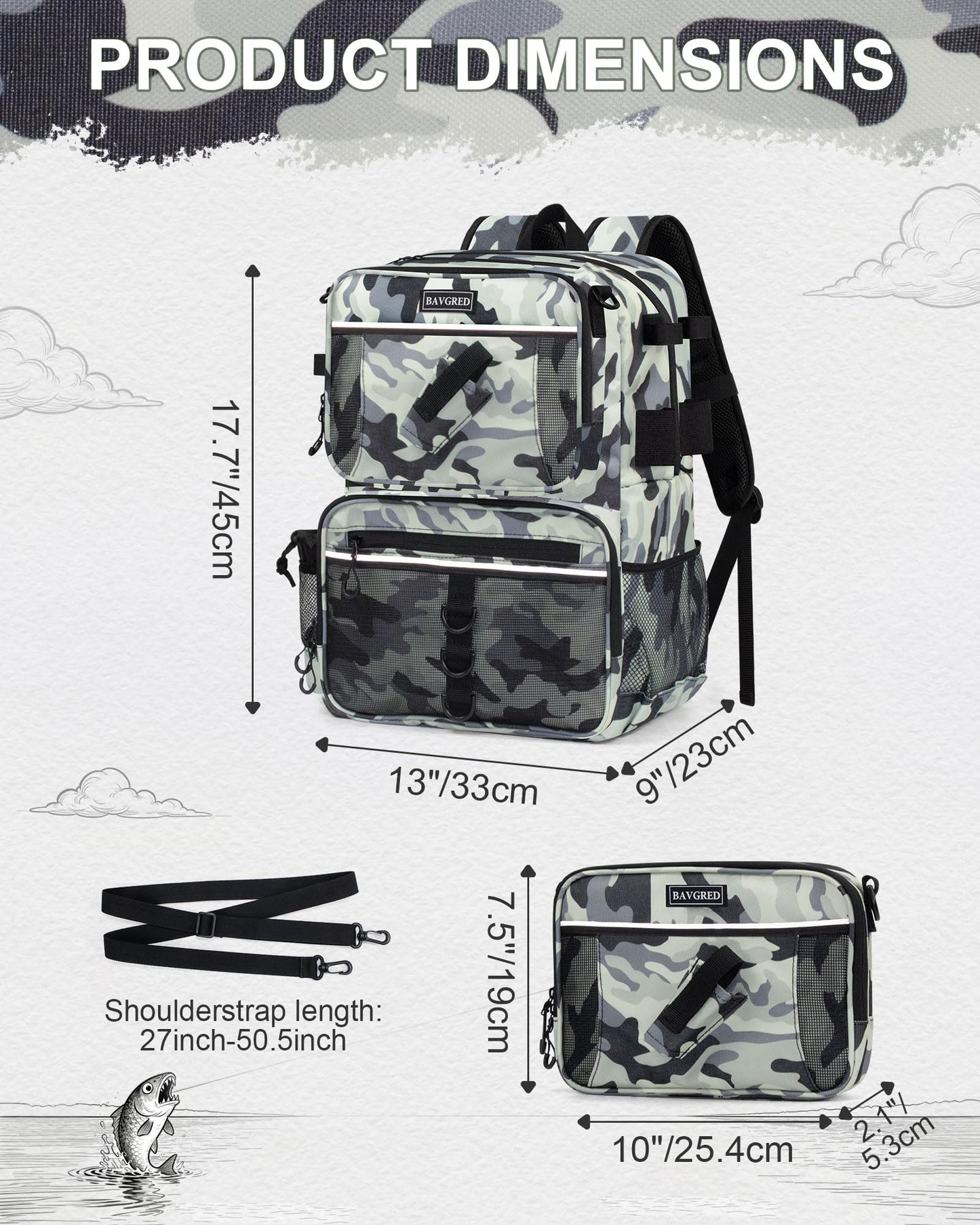 BAVGRED Fishing Backpack with Removable Bait Binder, Large Water Resistant Tackle Bag Storage Gear and Equipment for Fishing, Camping, Hiking, Grey