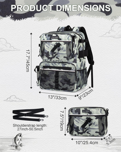 BAVGRED Fishing Backpack with Removable Bait Binder, Large Water Resistant Tackle Bag Storage Gear and Equipment for Fishing, Camping, Hiking, Grey