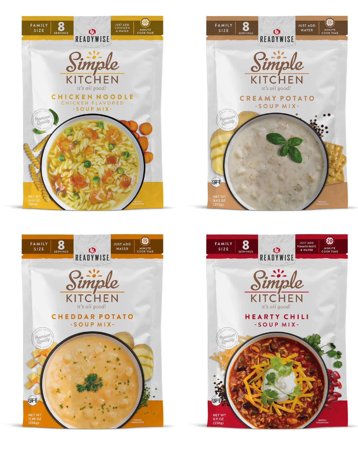 READYWISE - Simple Kitchen, Soup Sampler, Variety Pack, 8 Servings Per Pouch, Soup Mix, Family Size, Gluten Free Options, Freeze Dried Food, Soup for Family, Pack of 8