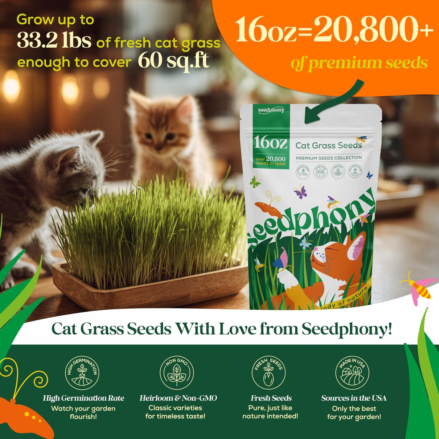 Cat Grass Seed Mix – 4 oz Pack with 5,200 Non-GMO Heirloom Seeds for Cats, Barley, Oat, Rye & Wheatgrass for Indoor Growing, Fresh Pet Grass for Digestion & Hairball Control