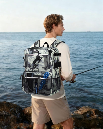 BAVGRED Fishing Backpack with Removable Bait Binder, Large Water Resistant Tackle Bag Storage Gear and Equipment for Fishing, Camping, Hiking, Grey