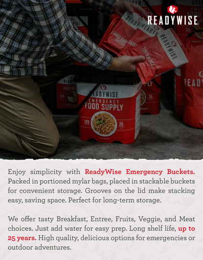 ReadyWise Emergency Food Supply - 120 Servings Favorites Sample Bucket, Survival Food Kit, Freeze Dried Prepper Food & Dehydrated Meals for Camping Essentials & Backpacking, up to 25 Year Shelf Life