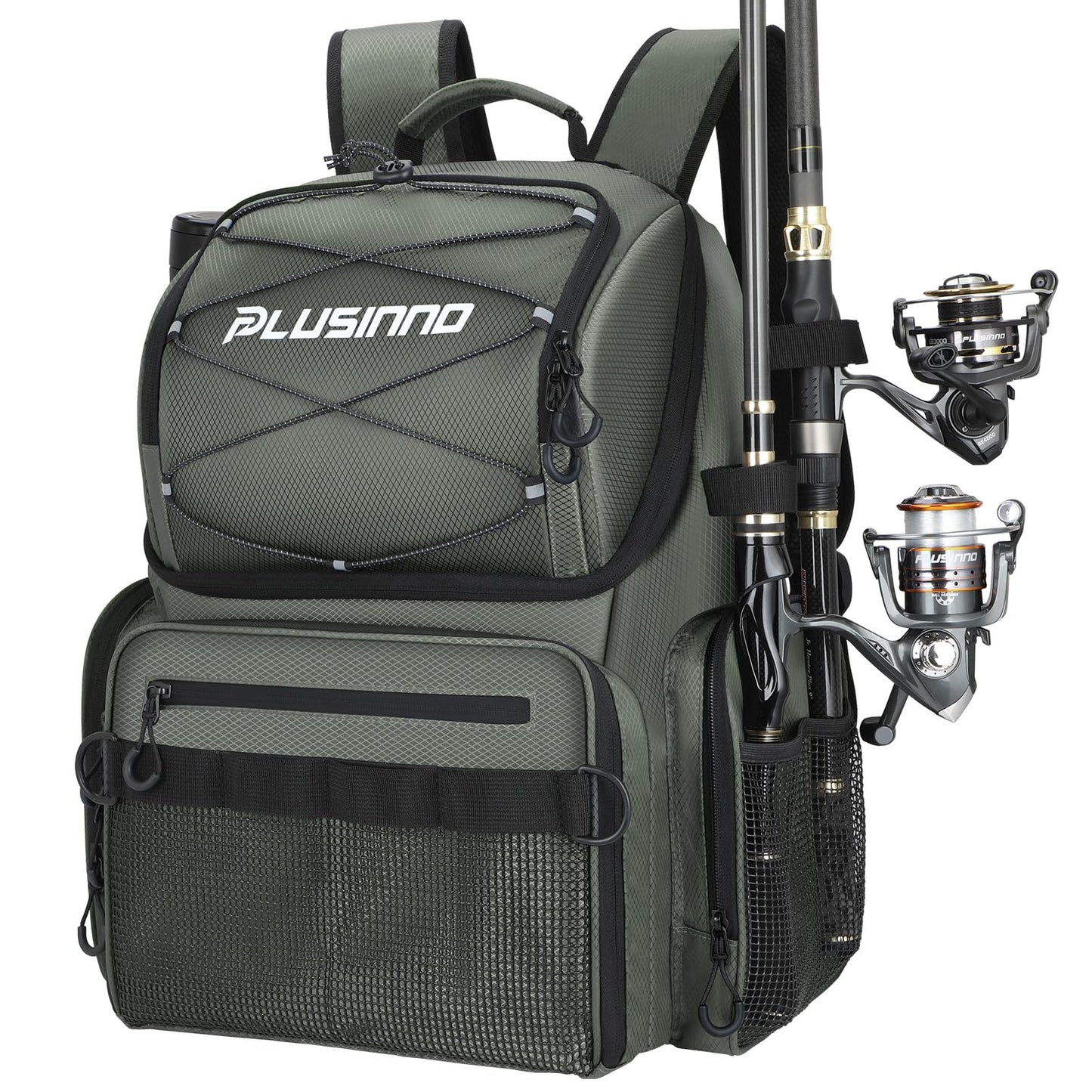 PLUSINNO Cooler Fishing Backpack with Rod Holders 45L Large Water-resistant Fishing Tackle bag Store Fishing Gear Fishing Gifts for Men Father, Sport Bags