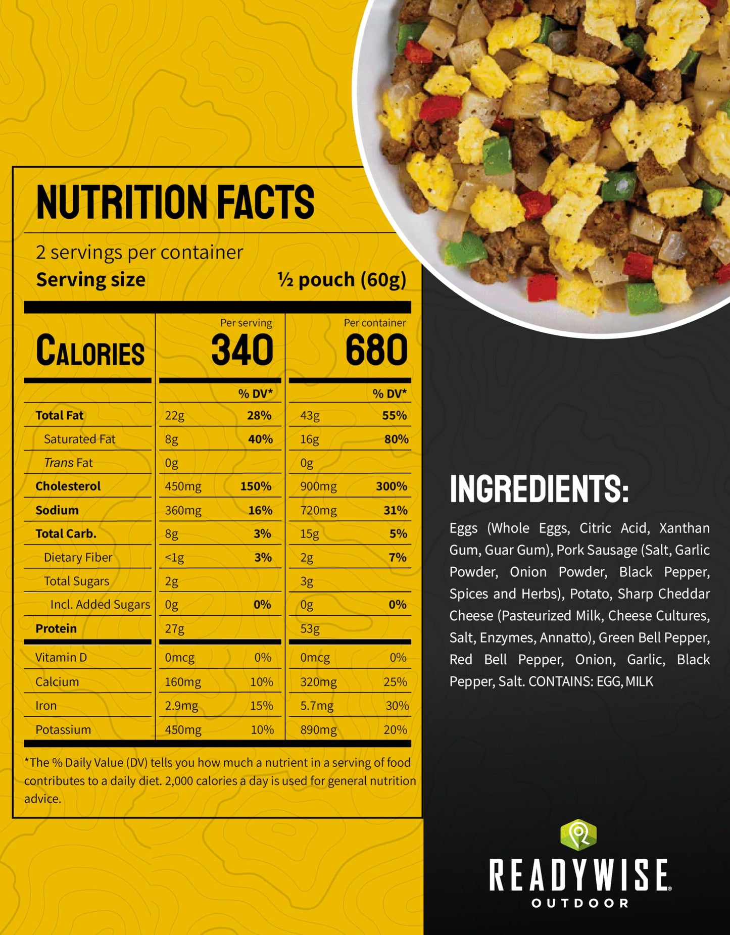 ReadyWise Outdoor Pro Adventure Meal - Breakfast Skillet, 2 Servings, 1 Pouch, Gluten Free, 700 Calories, 36g Protein, Freeze Dried Food & Dehydrated Backpacking Camping Meals, up to 5 Year Shelf Life