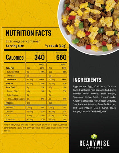 ReadyWise Outdoor Pro Adventure Meal - Breakfast Skillet, 2 Servings, 1 Pouch, Gluten Free, 700 Calories, 36g Protein, Freeze Dried Food & Dehydrated Backpacking Camping Meals, up to 5 Year Shelf Life