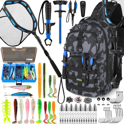 PLUSINNO Fishing Backpack with Tackle Boxes, Waterproof Fishing Sling Tackle Bag For Fishing Gear With Rod Holder, Fishing Gifts for Men With Fishing lures, Fishing pliers, Fish Lip Gripper.
