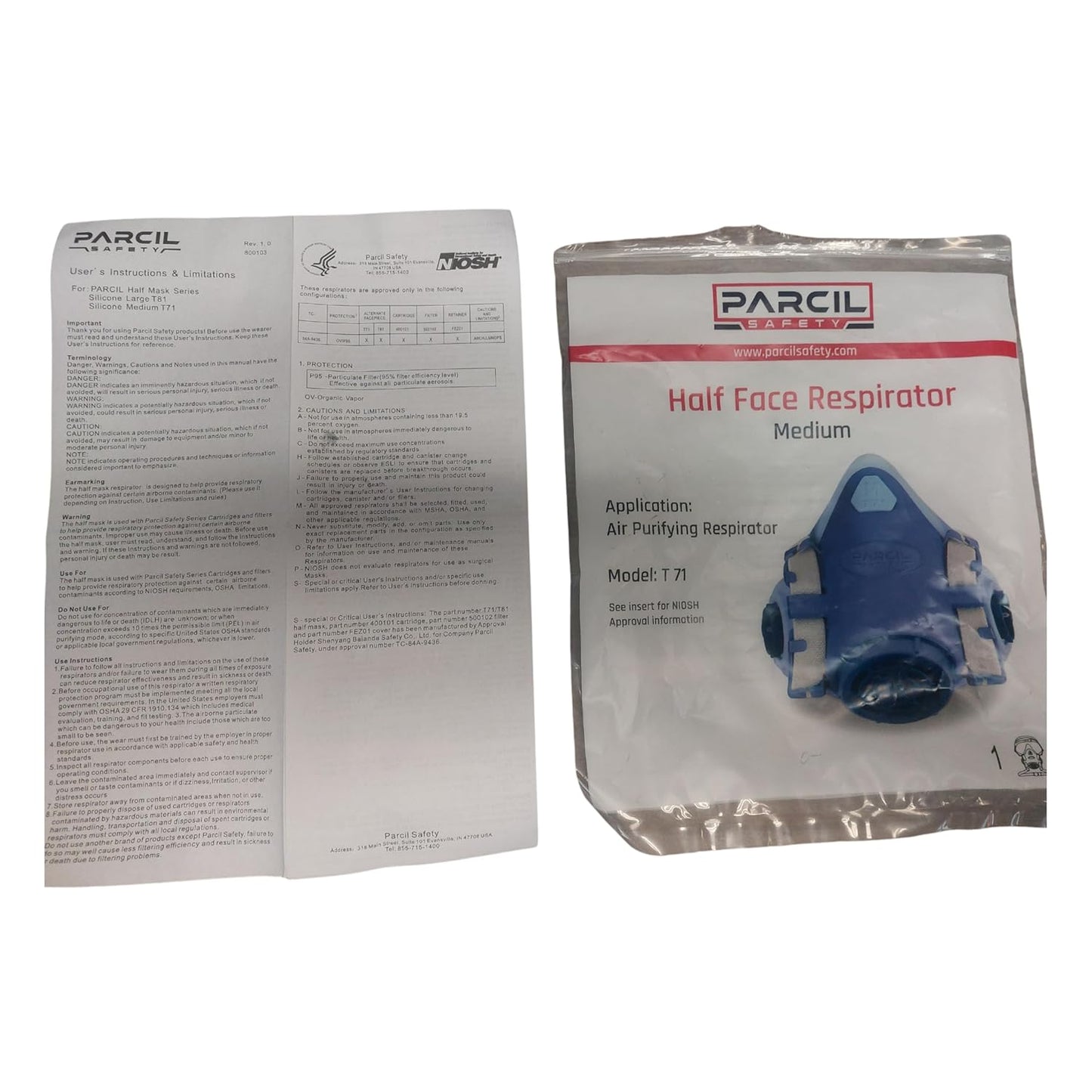 Parcil Safety UltraSeal Large Reusable Half-Face Respirator Mask | NIOSH-Approved | OV/P95 Protection, Standard Bayonet Cartridges