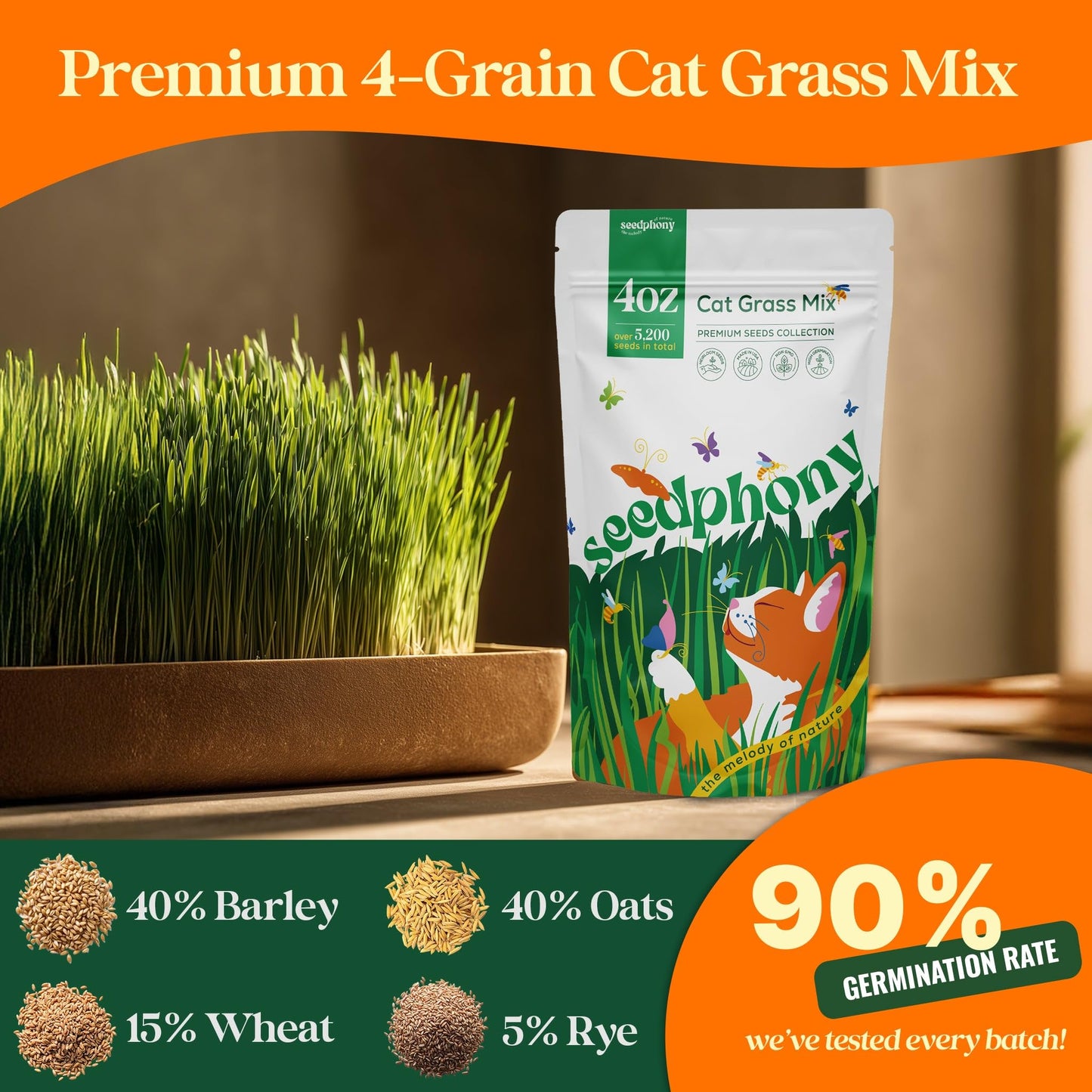 Cat Grass Seed Mix – 4 oz Pack with 5,200 Non-GMO Heirloom Seeds for Cats, Barley, Oat, Rye & Wheatgrass for Indoor Growing, Fresh Pet Grass for Digestion & Hairball Control