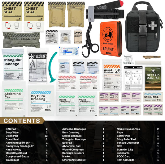 RHINO RESCUE Bundle- Non-Vented Chest Seal, IFAK Emergency Trauma Dressing+IFAK Trauma Kit, Tactical First Aid Kit Molle Pouch for Military Black