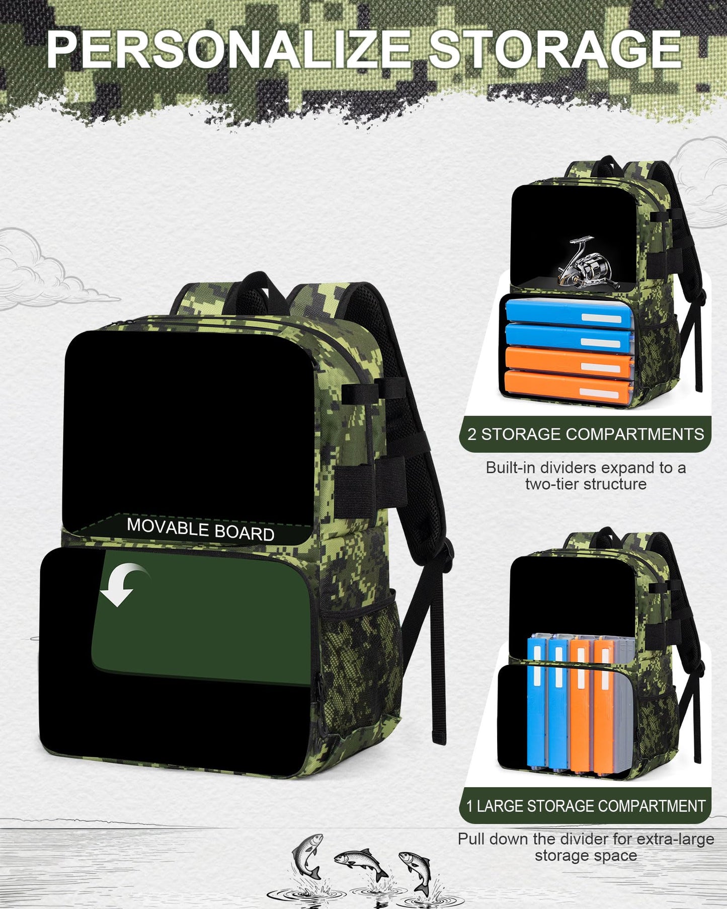 BAVGRED Fishing Backpack with Removable Bait Binder, Large Water Resistant Tackle Bag Storage Gear and Equipment for Fishing, Camping, Hiking, Grey