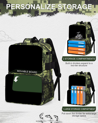 BAVGRED Fishing Backpack with Removable Bait Binder, Large Water Resistant Tackle Bag Storage Gear and Equipment for Fishing, Camping, Hiking, Grey