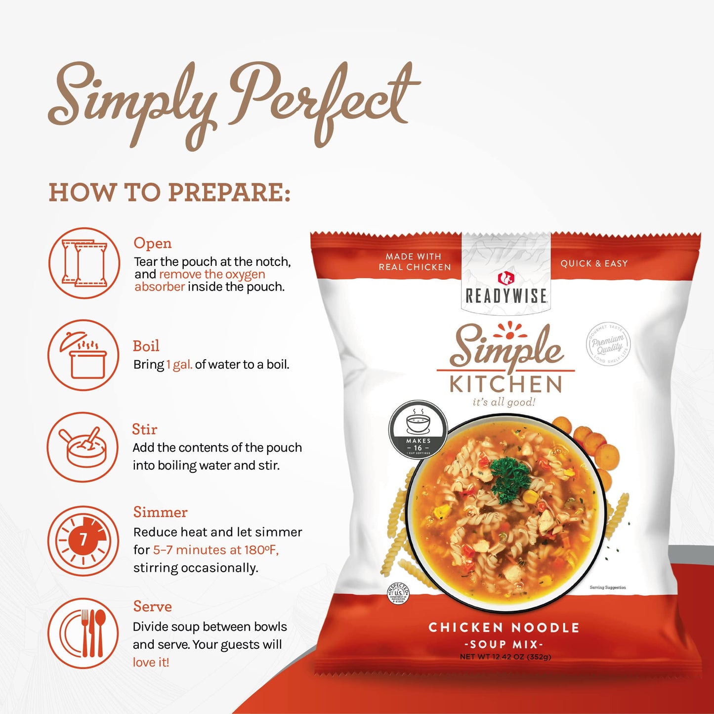 READYWISE - Simple Kitchen, Tomato Basil Soup, 17 Servings, MRE, Gluten Free, & Vegetarian, Food, Soup Mix, for Events, Hiking, Emergency Food Supply, Camping Essentials, or Daily Use, 1 Pack