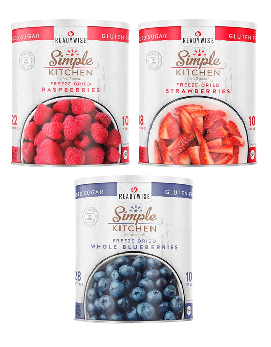 ReadyWise Simple Kitchen Freeze-Dried Fruits Bundle - Strawberries (18 Servings), Raspberries (22 Servings), Blueberries (28 Servings), MRE, Emergency Food Supply, Canned Fruits, Vegan, Gluten Free,