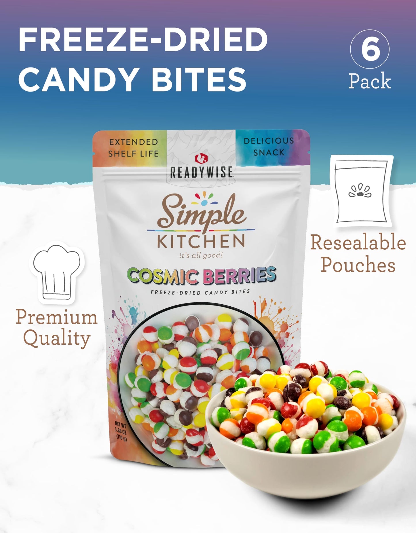 READYWISE - Freeze Dried, Cosmic Berries, Perfect On-the-Go, Candy Bites for Adults & Kids, Crunchy Fruity, Treats, Extended Shelf life Crunchy Fruit Candies, for Hiking, Camping & Travel (6 Pack)