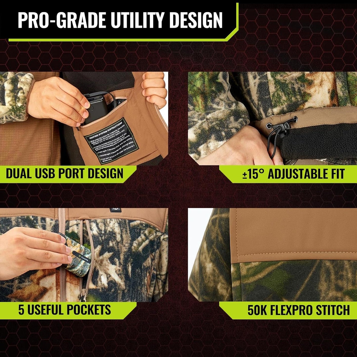 TIDEWE Heated Jacket Pro for Men, Rechargeable Battery-Powered Fleece Coat for Hunting (Black, Camo, Size S-XXXL)