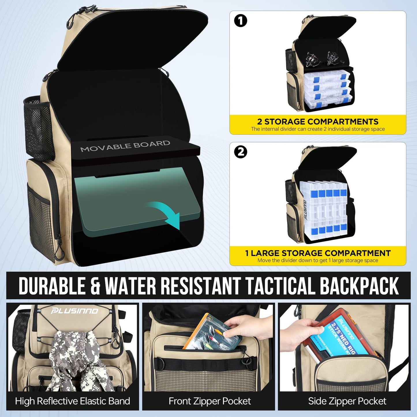 PLUSINNO Cooler Fishing Backpack with Rod Holders 45L Large Water-resistant Fishing Tackle bag Store Fishing Gear Fishing Gifts for Men Father, Sport Bags