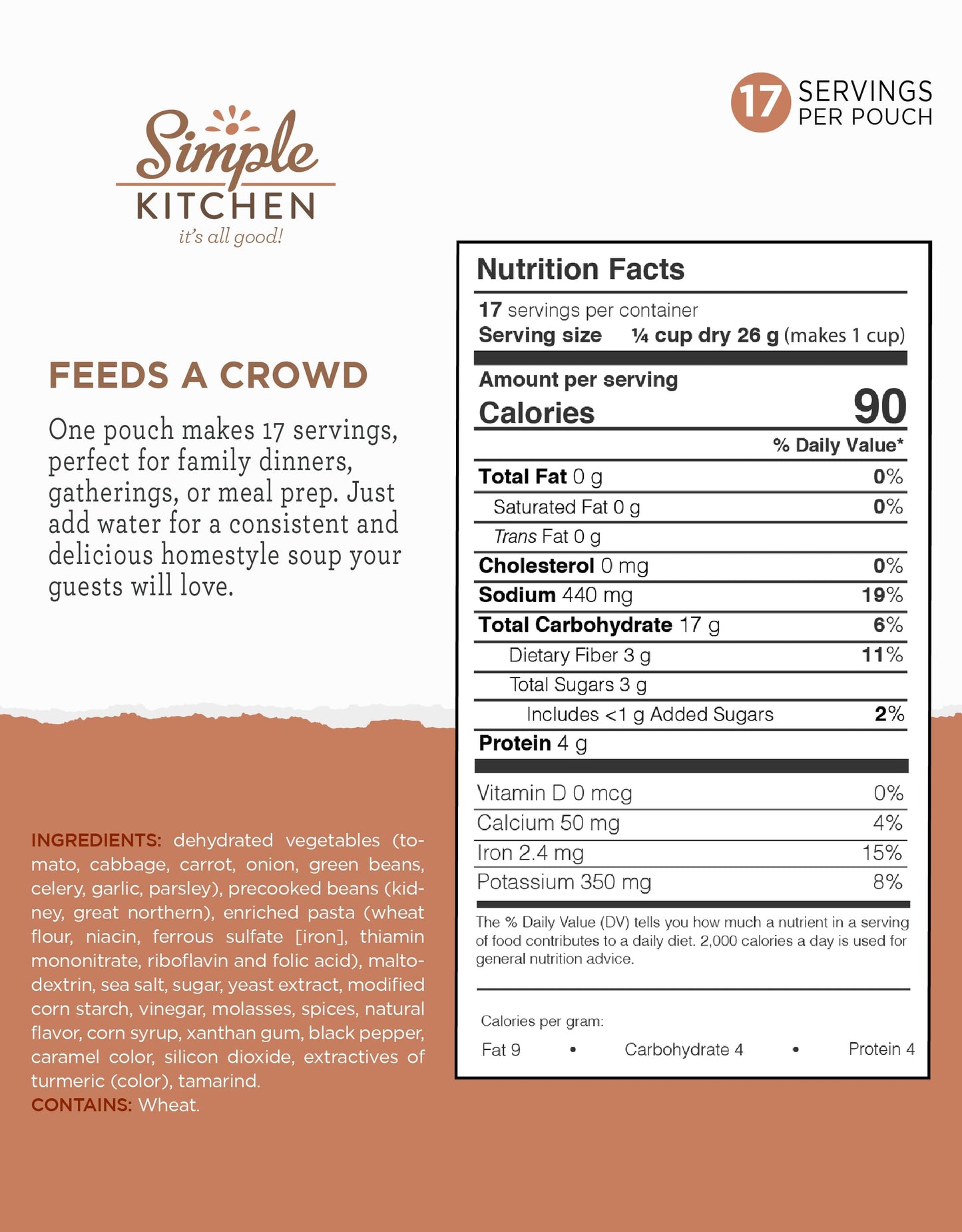 Simple Kitchen Garden Vegetable Soup Mix - 17 Servings for Meal Prep, Gluten Free, Vegetarian, Dehydrated & Freeze Dried Survival Food for Camping Meals, Backpacking & Hiking, Survival Kit, Pack of 4