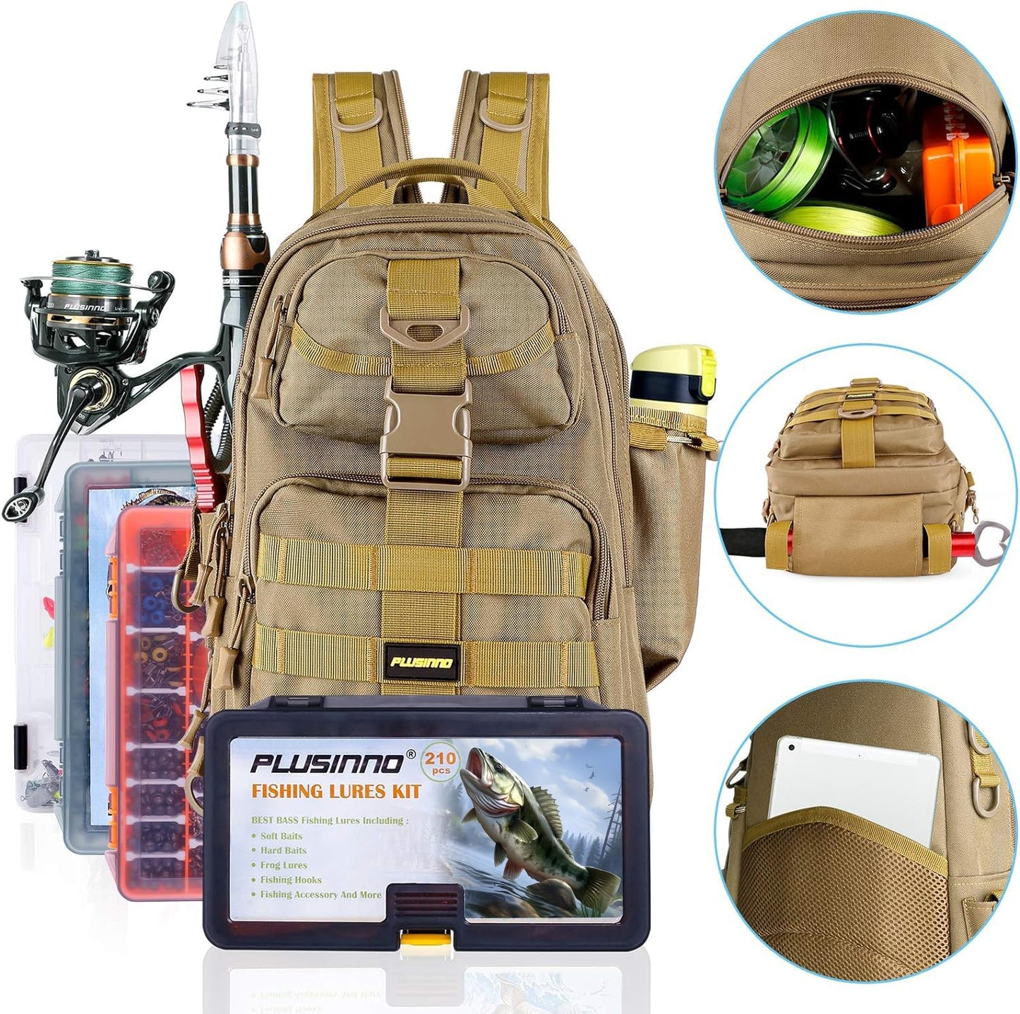 PLUSINNO Fishing Backpack with Fishing Rod and Reel Combos Tackle Boxes, Waterproof Tackle Backpack for Fishing Gear with Rod Holder, Fishing Gifts for Men with Fishing Tool Kit...