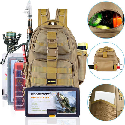 PLUSINNO Fishing Backpack with Fishing Rod and Reel Combos Tackle Boxes, Waterproof Tackle Backpack for Fishing Gear with Rod Holder, Fishing Gifts for Men with Fishing Tool Kit...