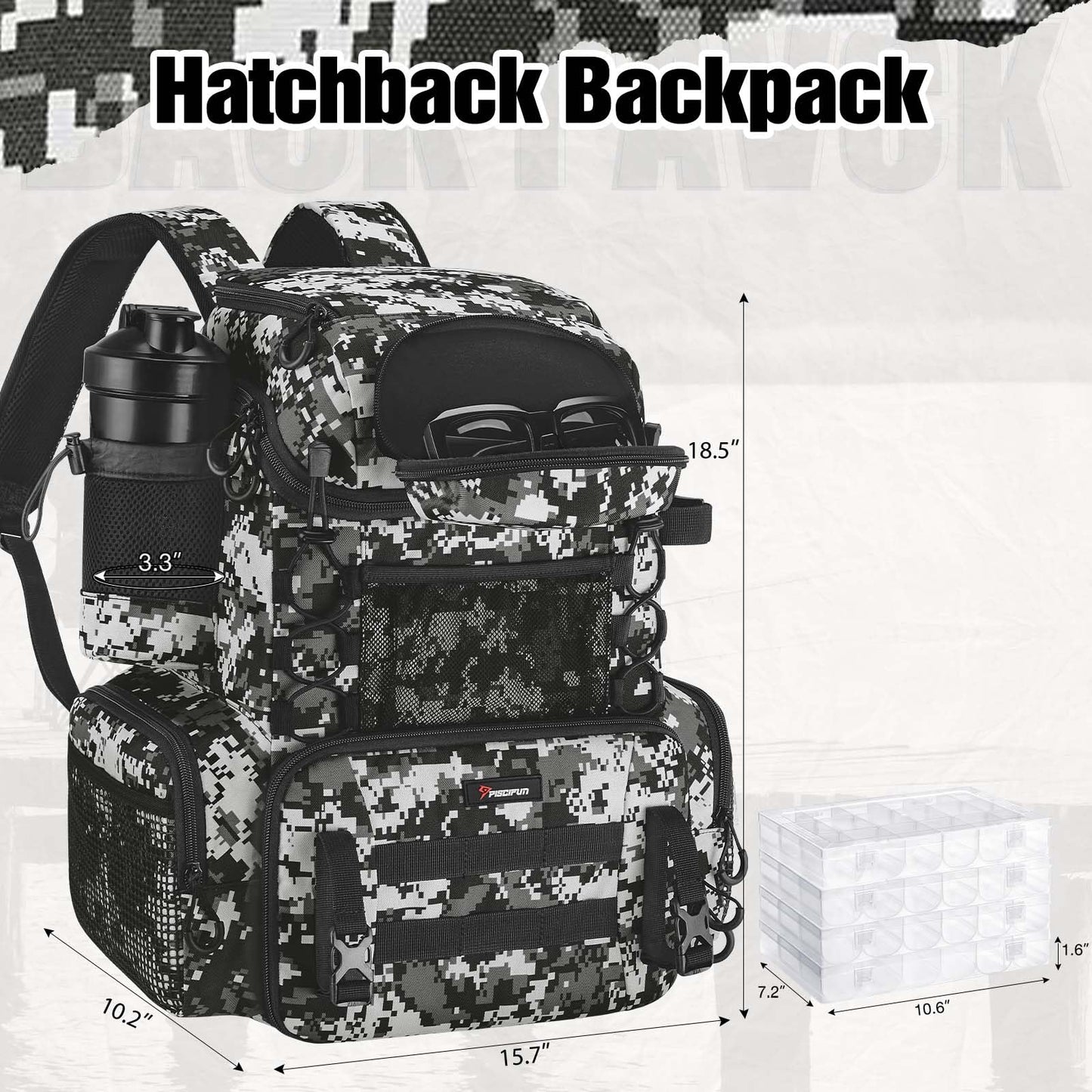 Piscifun Fishing Tackle Backpack with Rod Holders & 4 Tackle Boxes, 42L Outdoor Fishing Bag with Waterproof Rain Cover