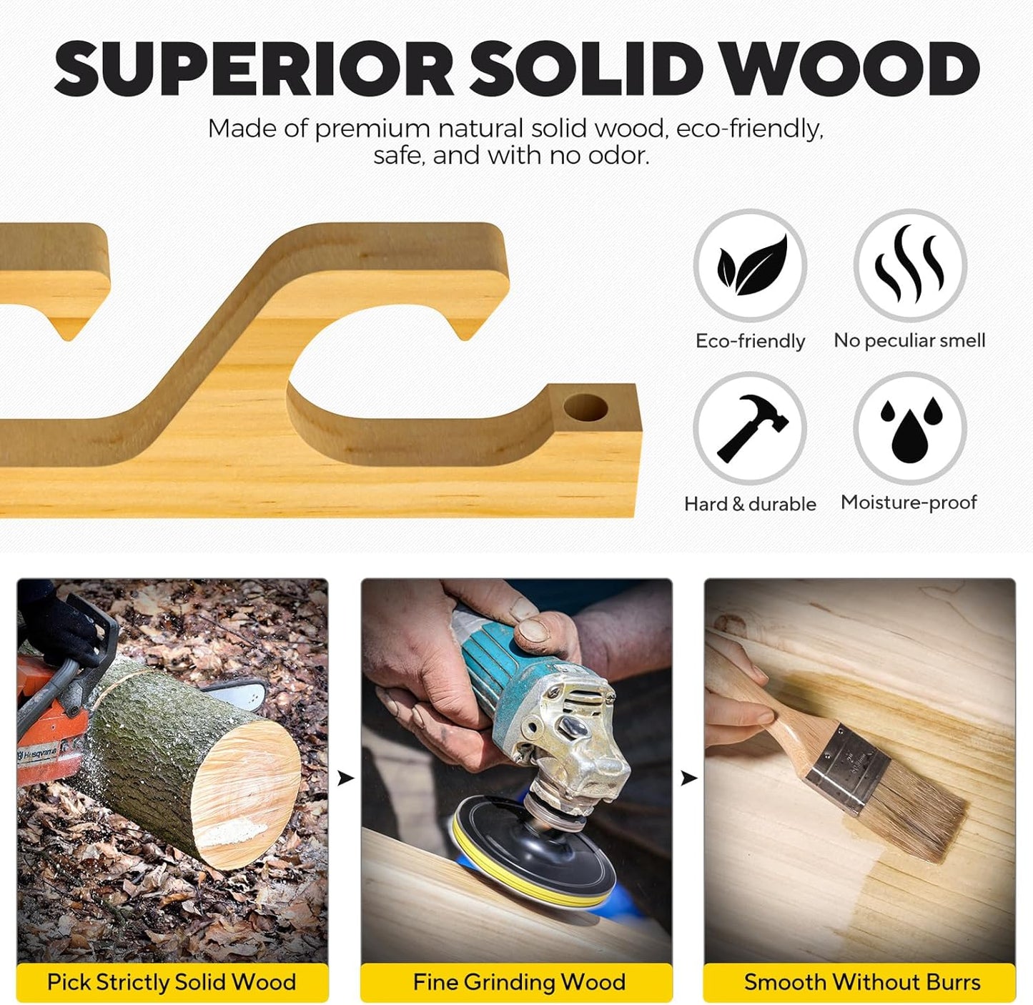 PLUSINNO WH5 Horizontal Fishing Rod/Pole Holders for Garage, Wall or Ceiling Mounted Rack, Solid Wood Fishing Rod Holder Holds up to 5/10/20 Rods or Combos Fishing Gear, Gifts for Men