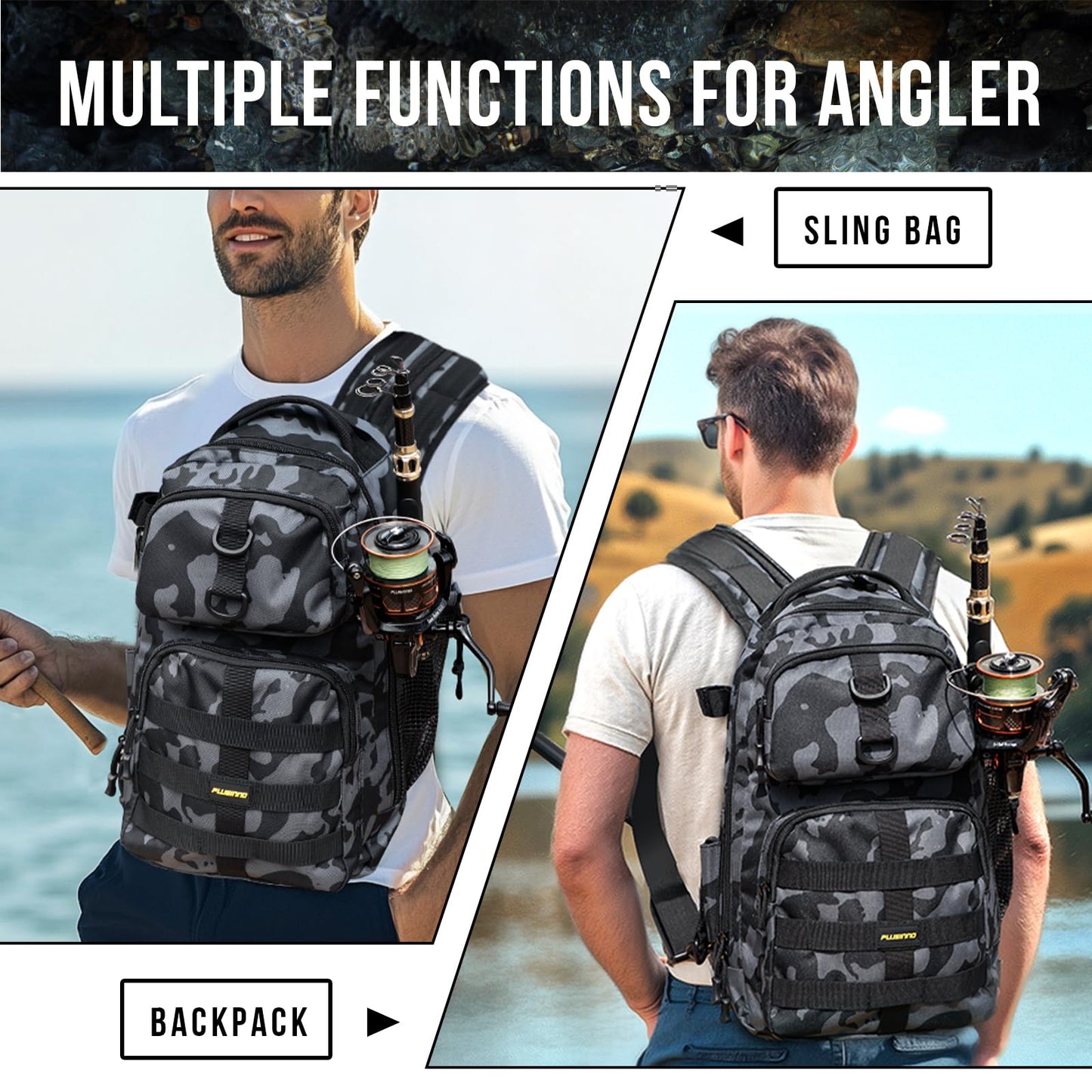 PLUSINNO Fishing Backpack with Tackle Boxes, Waterproof Fishing Sling Tackle Bag For Fishing Gear With Rod Holder, Fishing Gifts for Men With Fishing lures, Fishing pliers, Fish Lip Gripper.