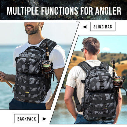 PLUSINNO Fishing Backpack with Tackle Boxes, Waterproof Fishing Sling Tackle Bag For Fishing Gear With Rod Holder, Fishing Gifts for Men With Fishing lures, Fishing pliers, Fish Lip Gripper.