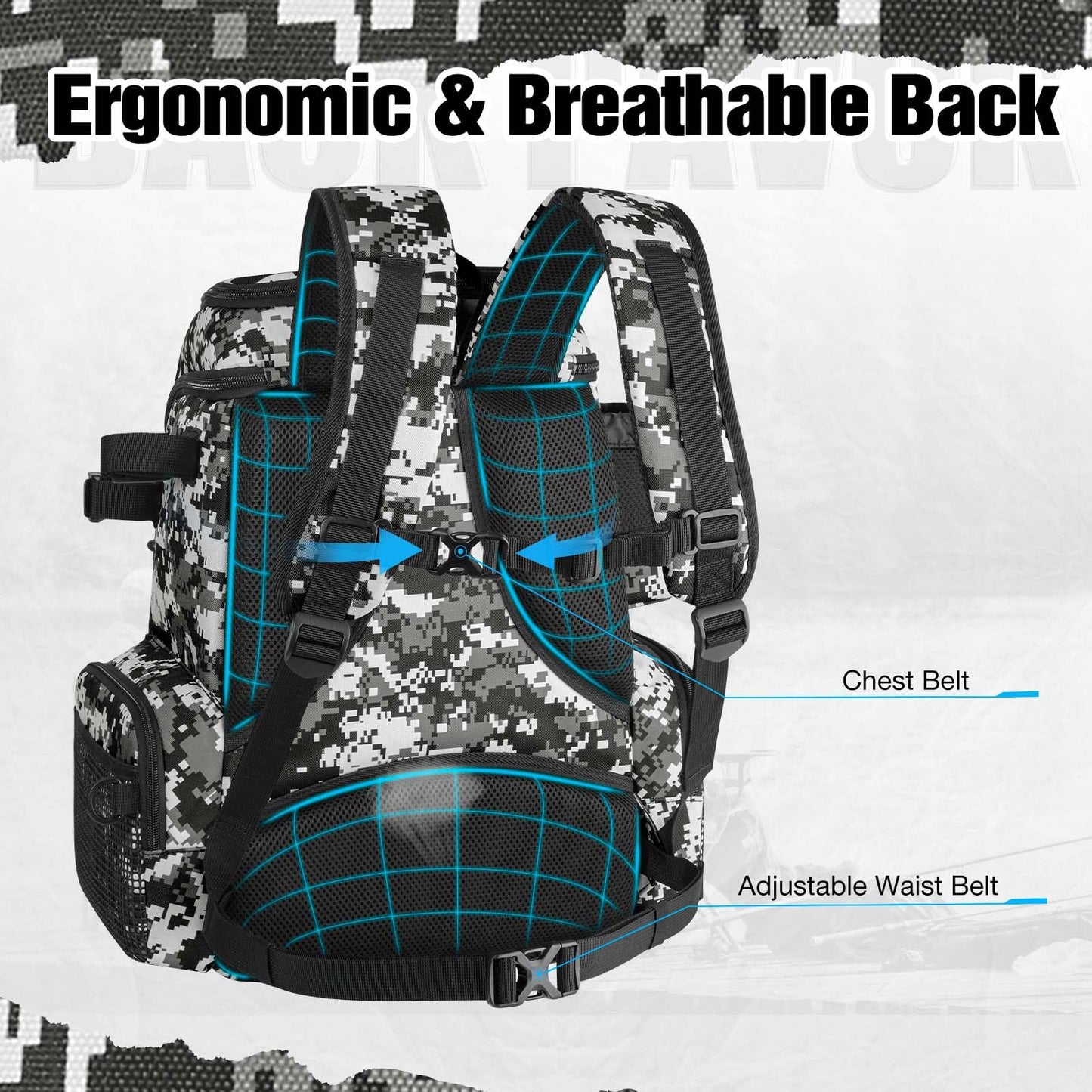 Piscifun Fishing Tackle Backpack with Rod Holders & 4 Tackle Boxes, 42L Outdoor Fishing Bag with Waterproof Rain Cover