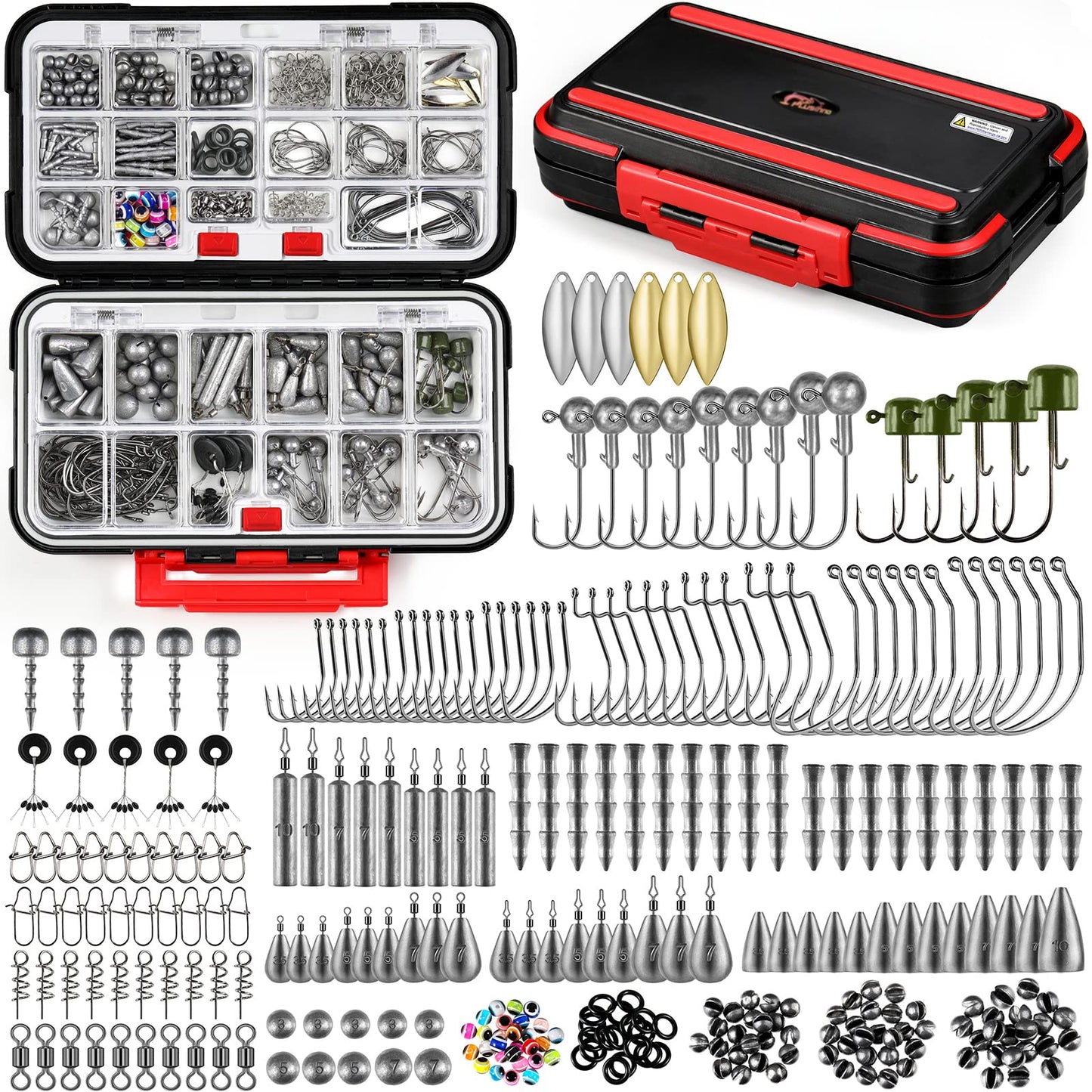 PLUSINNO 253/387pcs Fishing Gear Accessories Kit, Fishing Tackle Box with Tackle Included, Fishing Hooks, Fishing Weights Sinkers, Spinner Blade, Fishing Equipment for Bass Trout Bluegill Crappie