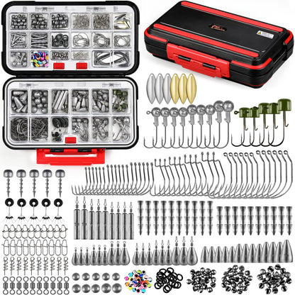 PLUSINNO 253/387pcs Fishing Gear Accessories Kit, Fishing Tackle Box with Tackle Included, Fishing Hooks, Fishing Weights Sinkers, Spinner Blade, Fishing Equipment for Bass Trout Bluegill Crappie