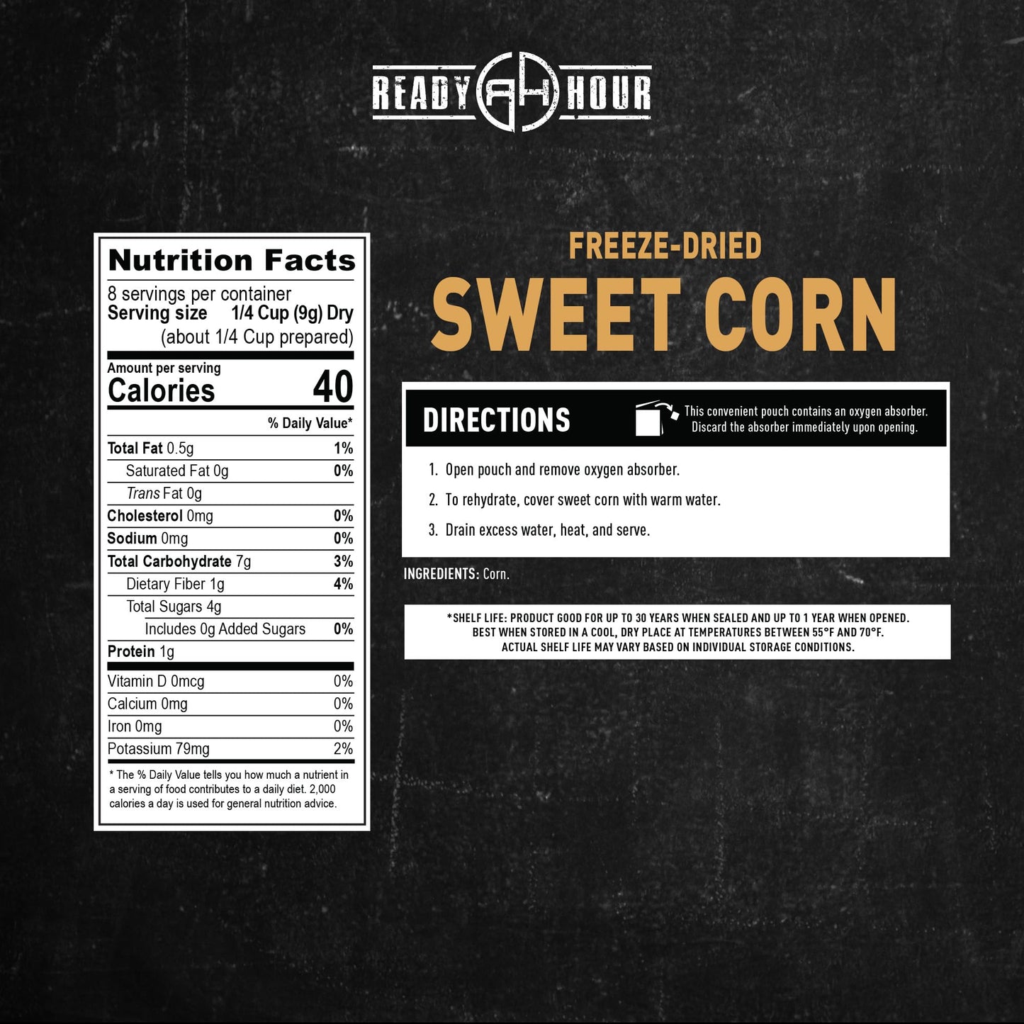 Ready Hour Freeze-Dried Corn Case Pack – Emergency Food, Long-Term Storage, Bulk Vegetables, Shelf-Stable Survival Supplies, Prepper Pantry Essential– 48 Servings (6 Pouches)