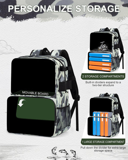 BAVGRED Fishing Backpack with Removable Bait Binder, Large Water Resistant Tackle Bag Storage Gear and Equipment for Fishing, Camping, Hiking, Grey