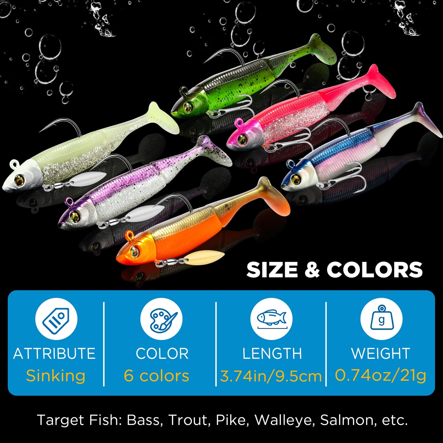 PLUSINNO Fishing Lures, Pre-Rigged Jig Head Bass Lures with Paddle Tail, Fishing Bait for Freshwater Saltwater, Soft Plastic Fishing Lures Baits for Trout Crappie Fishing Gear, Fishing Gifts for Men
