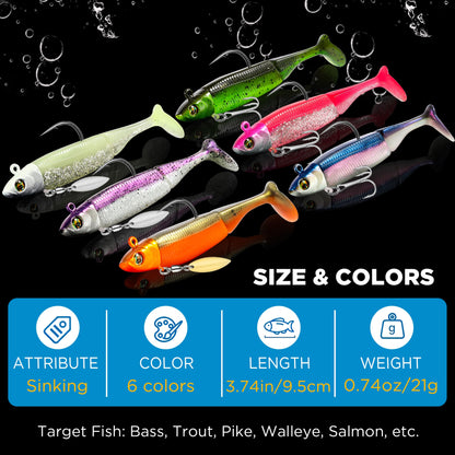 PLUSINNO Fishing Lures, Pre-Rigged Jig Head Bass Lures with Paddle Tail, Fishing Bait for Freshwater Saltwater, Soft Plastic Fishing Lures Baits for Trout Crappie Fishing Gear, Fishing Gifts for Men