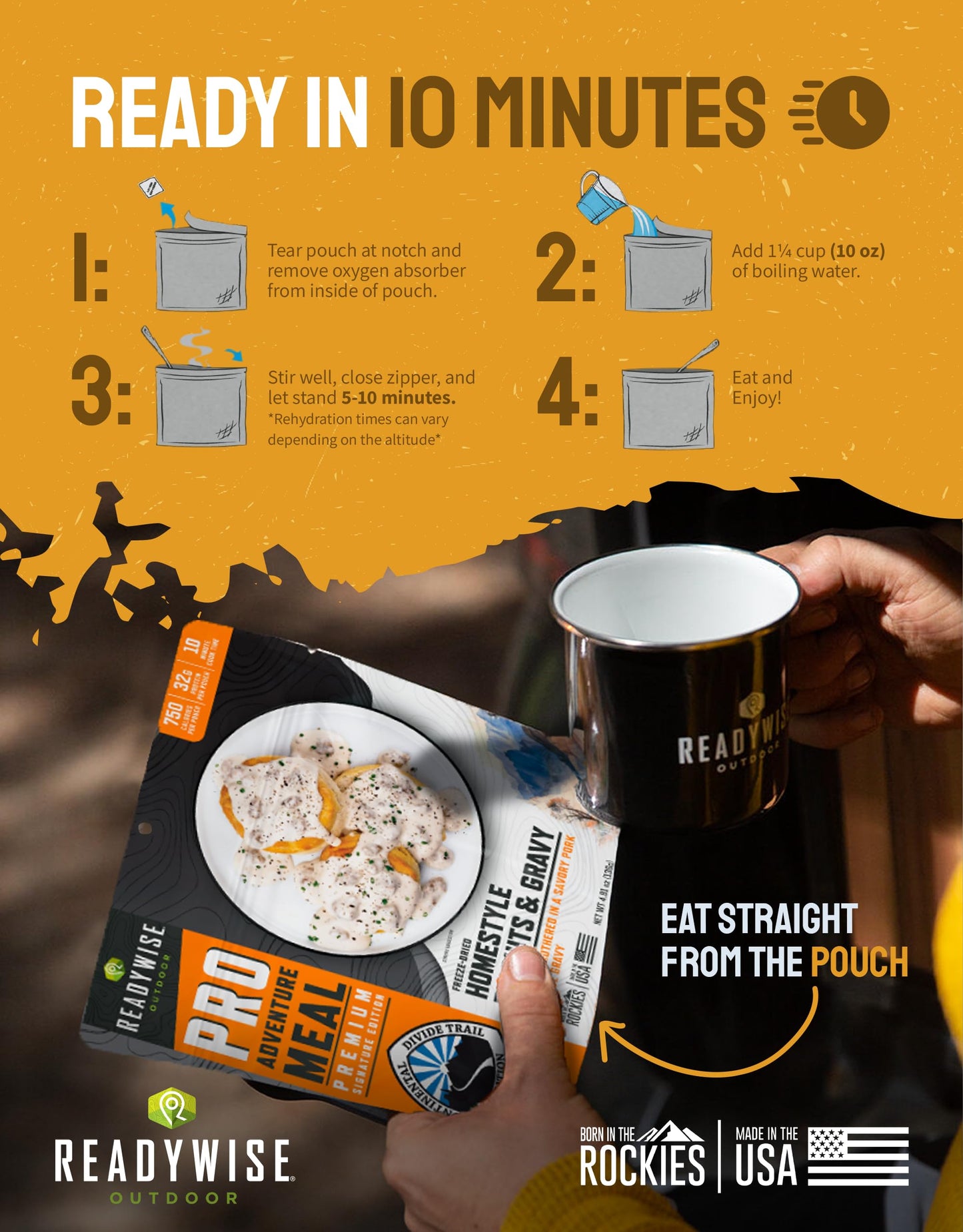 ReadyWise Outdoor Pro Adventure Meal - Country-Style Chicken Pot Pie, 2 Servings, 1 Pouch, 900 Calories, 30g Protein, Freeze Dried Food & Dehydrated Backpacking Camping Meals, up to 5 Year Shelf Life